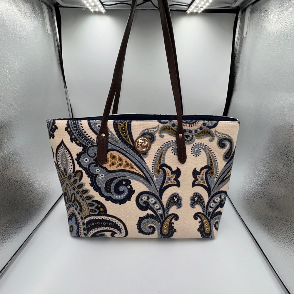Spartina 449 Daufuskie Island Paisley Linen Leather Tote Bag Coastal Beachy